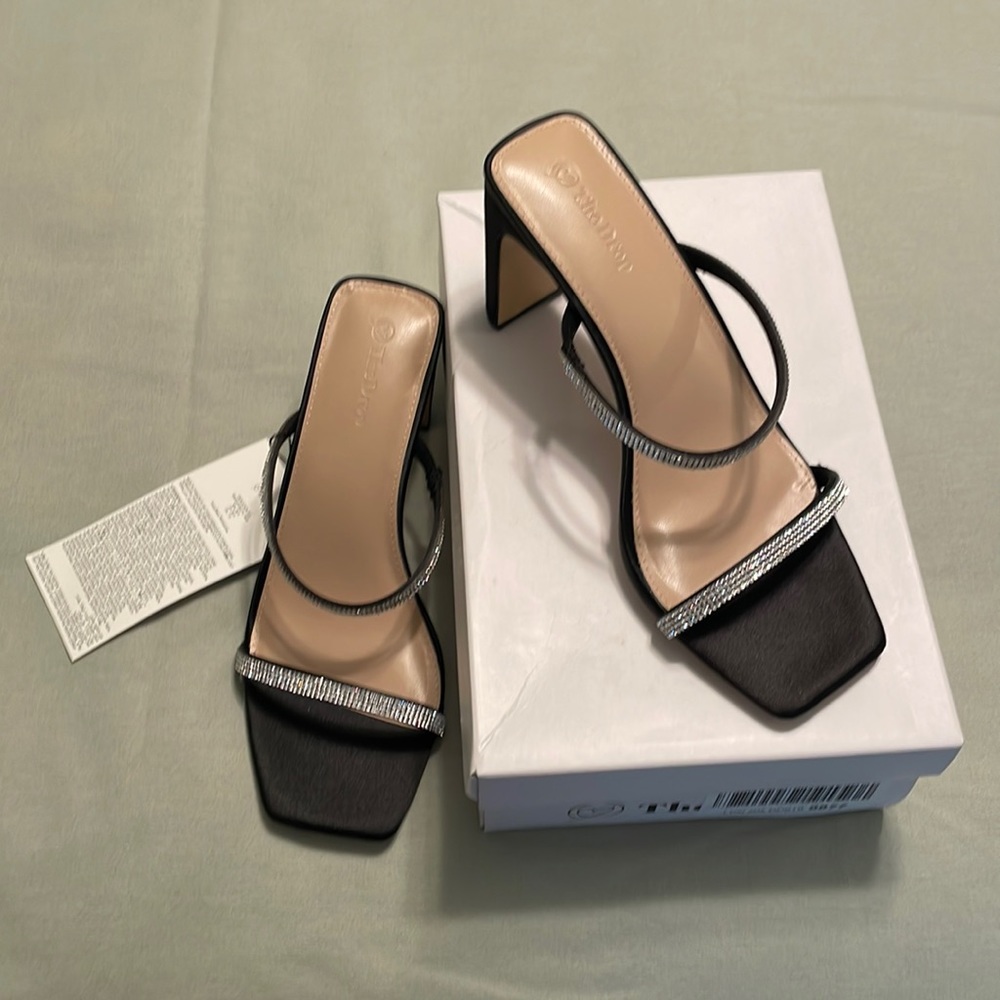 The Drop Black Satin Block Heel Dressy Sandals Embellished With Rhinestones.